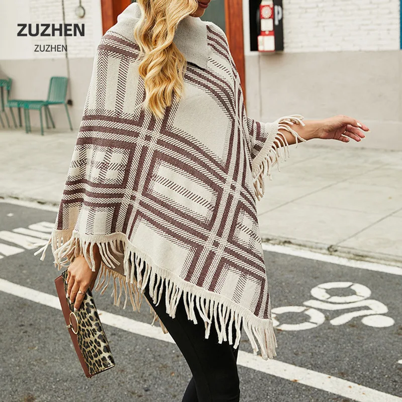 

Spring Autumn High Collar Knitted Shawl Women's Warm Tassel lattice Imitation Cashmere Poncho Lady Capes Beige Cloaks