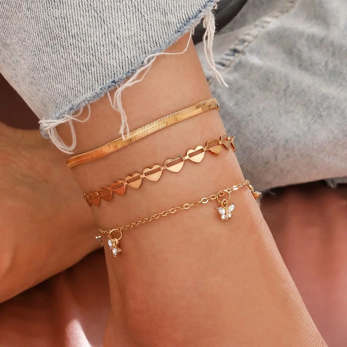 

Sindlan 3Pcs Vintage Gold Color Chains Butterfly Anklet Bracelet for Women Boho Heart Crystal Summer Sandals Jewelry Accessories