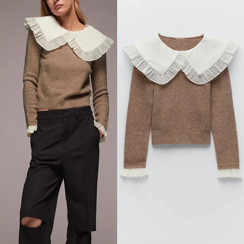 

Autumn Ladies Ruffled Knitted Sweater Ladies Fashion Lapel Collar Long Sleeve Combination Pullover Women Casual Knitted Top