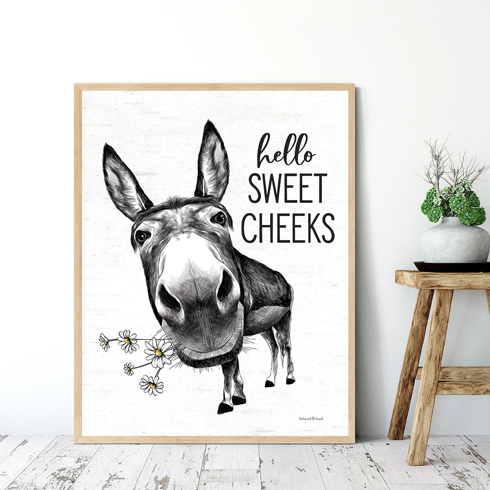 Смешной Ослик Hello милые щеки красивая задняя фотография черная Белая настенная
