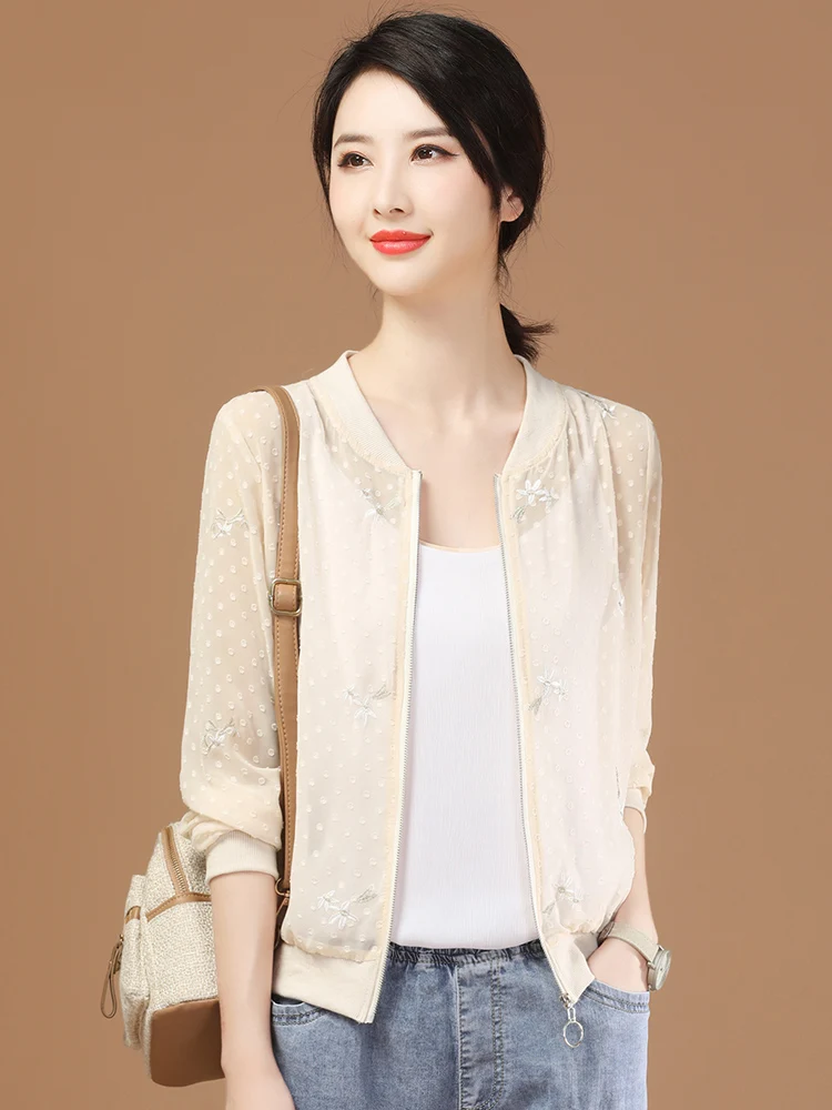 

Женская шифоновая куртка с воротником-стойкой и длинным рукавом, на молнии