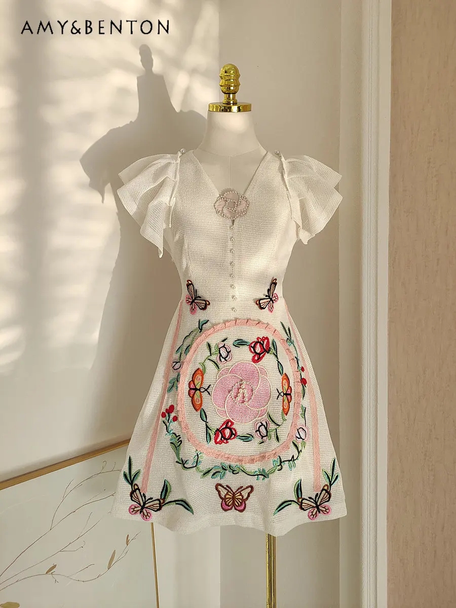 French Minority Design Plaid Embroidered Butterfly Flower Beaded Dress Waist Trimming Ruffles Flying Sleeves A- Line Dress