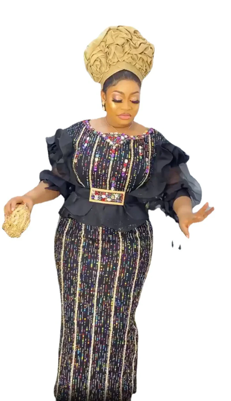 

Big Size Party Dresses For Women 2023 New African Turkey Dashiki Ankara Sequin Evening Gowns Velvet Robes Africa Clothing