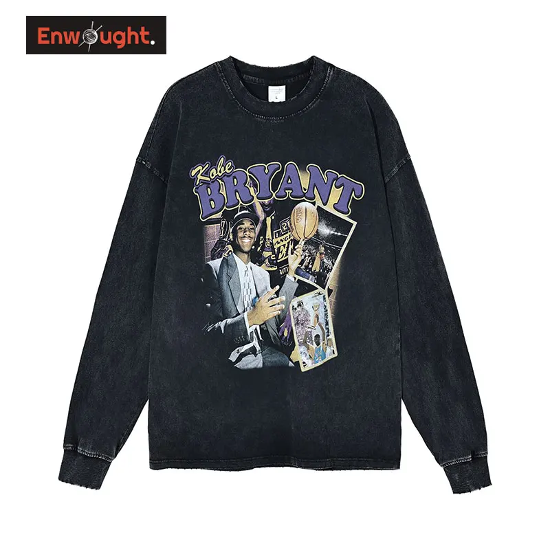 

Basketball Star Sweatshirts Hip Hop Vintage Washed Oversized Pullover Streetwear Long Sleeve Harajuku Tops Tees Men 100% Cotton
