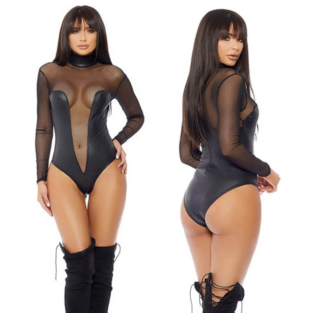 

Новинка 2023, женский сексуальный сетчатый комбинезон из искусственной кожи с длинным рукавом, черный прозрачный комбинезон с длинным рукавом