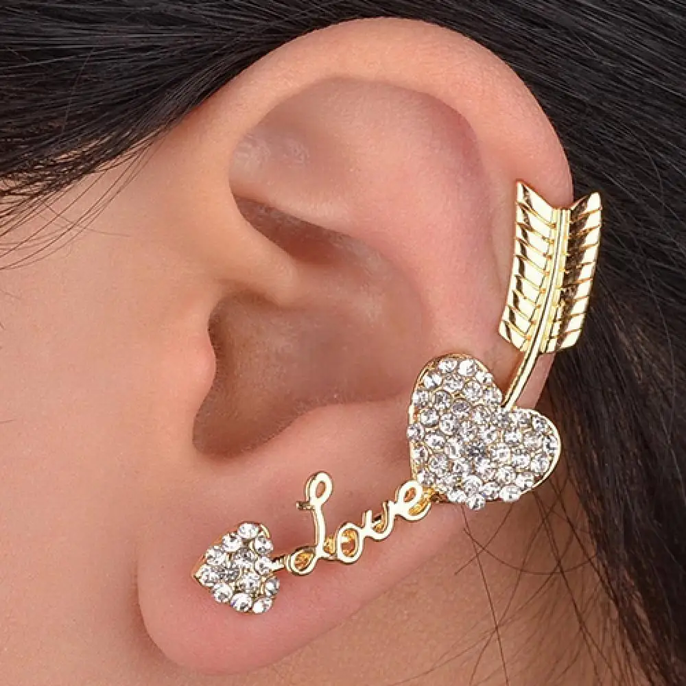 

1Pc Women Charm Love Heart Arrows Rhinestone Ear Cuff Earring Clip Punk Ear Stud