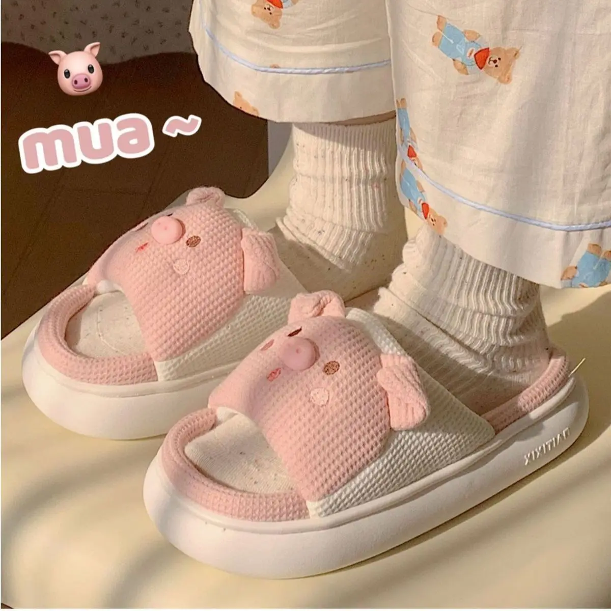 Yasuk All Season Women's Casual Simple Indoor And Outside Home Slippers Non-Slip Cute Pink Pig Versatile Cotton Linen Sweet Girl