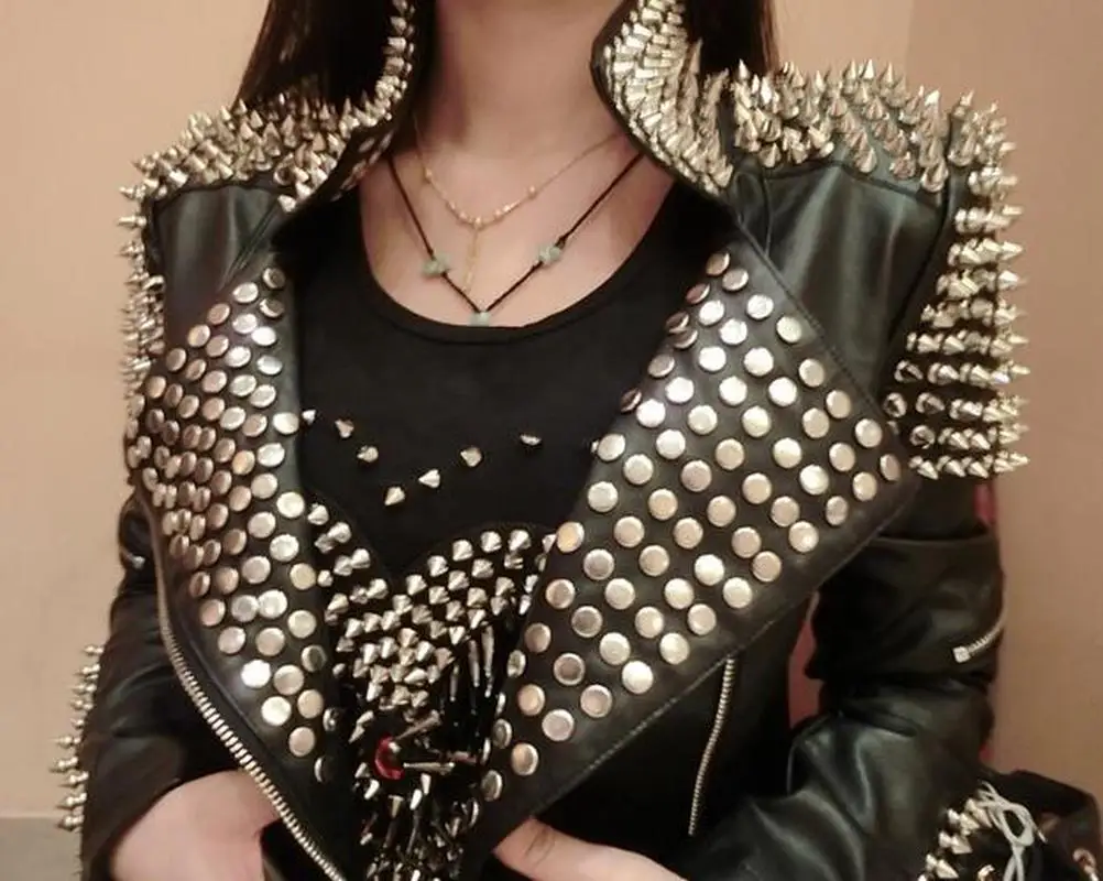 Luxury Handmade Women Punk PU Leather Metal Rivets Studded Biker Motorcycle DJ Coat Jacket Slim Fit Nightclub Leather Jacket enlarge