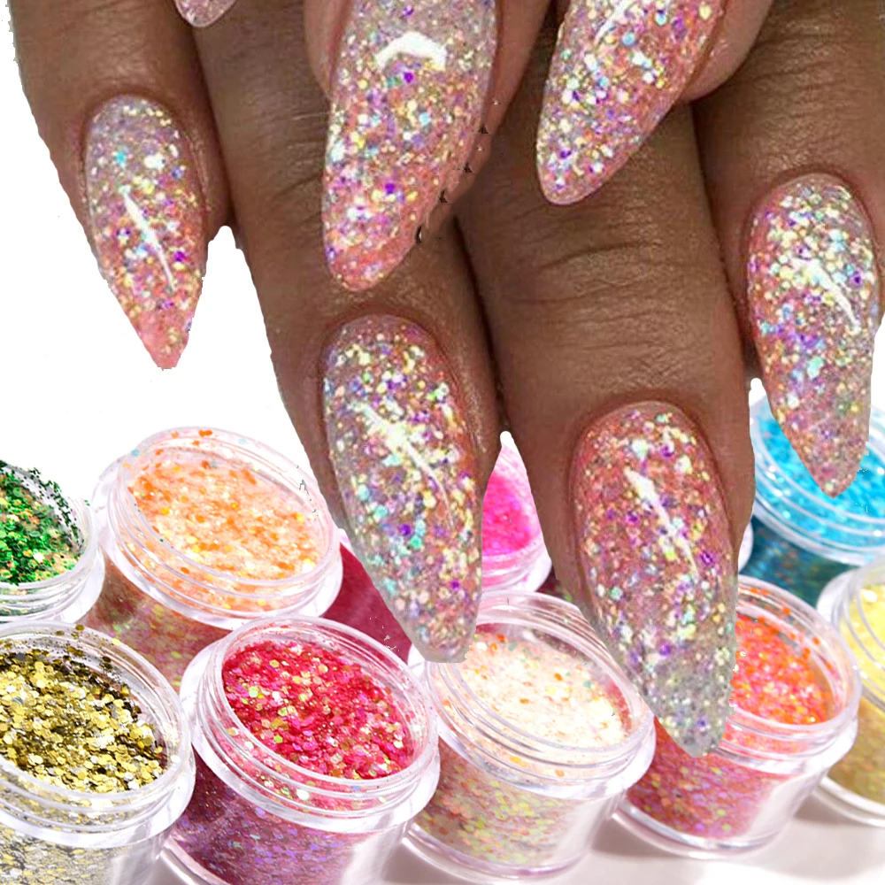 

12 Colors Iridescent Glitter Flakes, 3D Holographic Mermaid Nail Sequins, Bling Chunky Glitter Irregular Paint