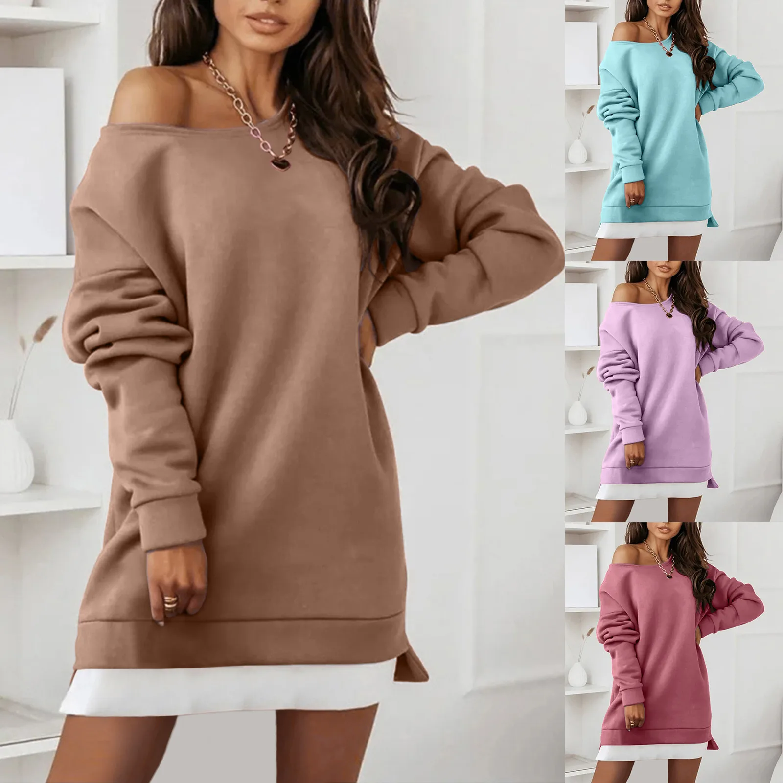 

Womens Sweatershirts Long Sleeve Off The Shoulder Lightweight Oversized Solid Color Midi Pullover Dress Low Back Dresses