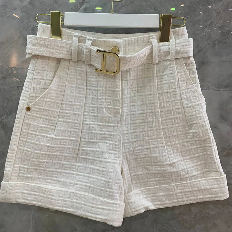 

22 Designer Printing White High Waist Shorts Luxury Golden Buckle Belts Mini Short Elegant Geometric Jacquard Pockets Zip Shorts