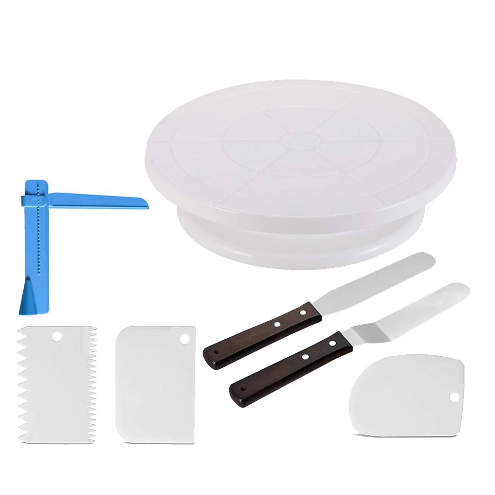 

Hot! 7PCS/Set Stainless Steel Cake Tools Turntable Rotating Cake Dough Cutter Decorating Cream Cakes Stand Cake Rotary Table