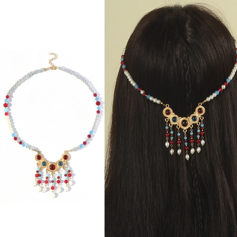 

Colorful Beaded Tassels Bohemian Headband Wedding Party Bridal Headband Tiaras Pearl Headpiece Gypsy Forehead Hair Decor