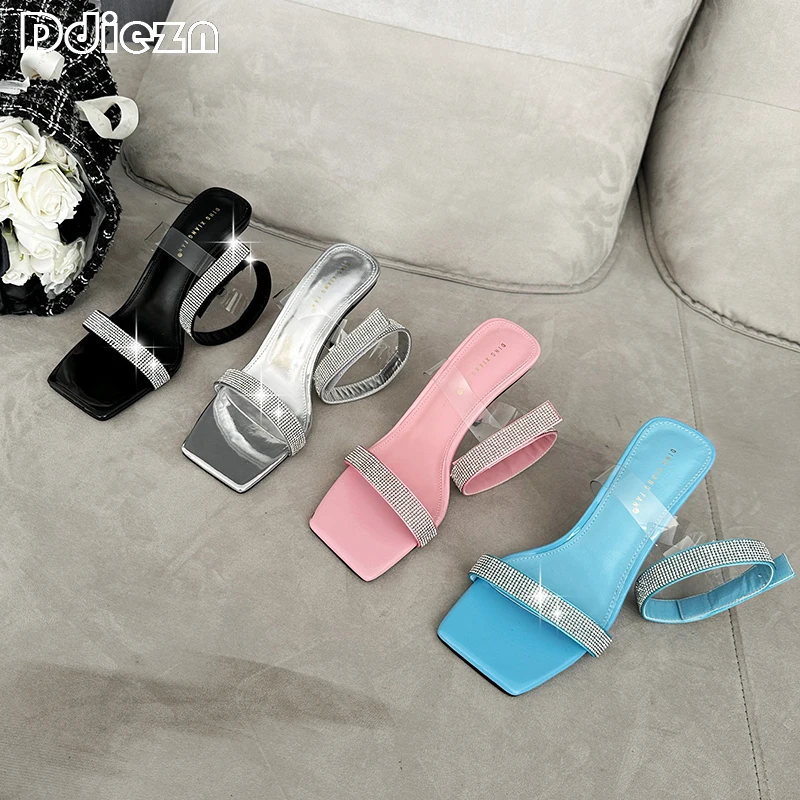 

Women Pumps Ankle Rhinestones Female Shoes High Heels 2023 New In Fashion Ladies Sandals Square Toe Party Blue Slides Footwear