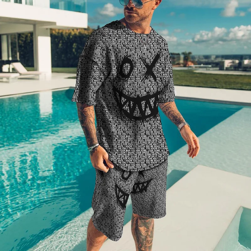 

2022 Summer Men Sets Short Sleeve T-shirt Suit Little Devil Tracksuit Casual Oversized Tops And Shorts Breathable Sportswear