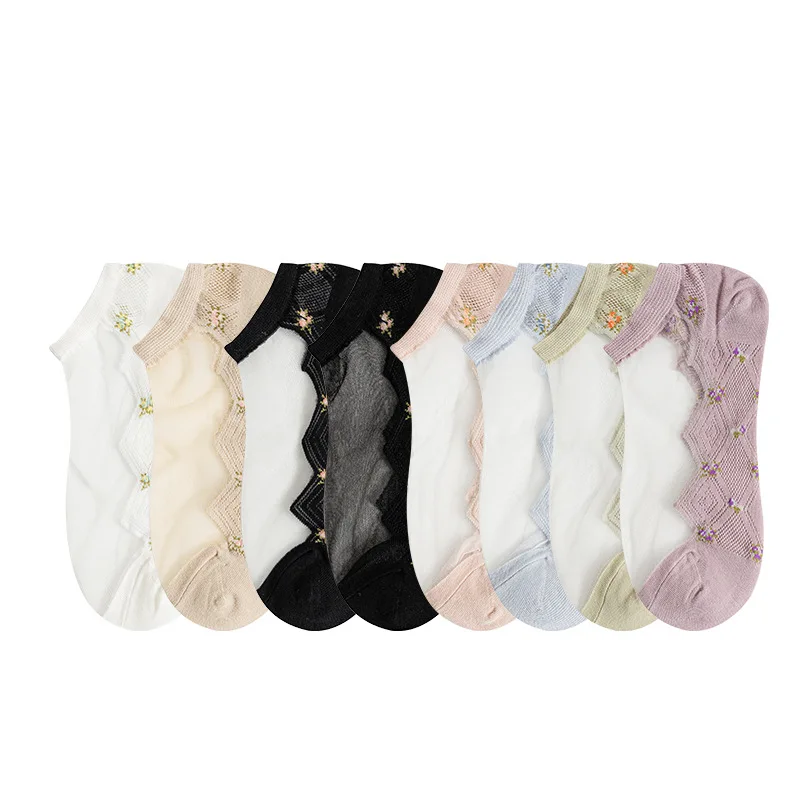 5 pairs Spun Glass Crystal Socks Women's Summer Thin Cotton Bottom Tulle Socks Lace Low Top Socks