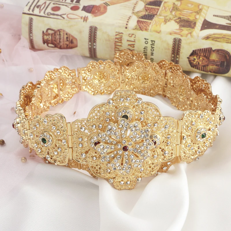

Moroccan Wedding Metal Belt Abaya Gown Waist Chain Luxury Full Crystal Gold Flower Bridal Belt Rhinestone Oversized Waist Chain