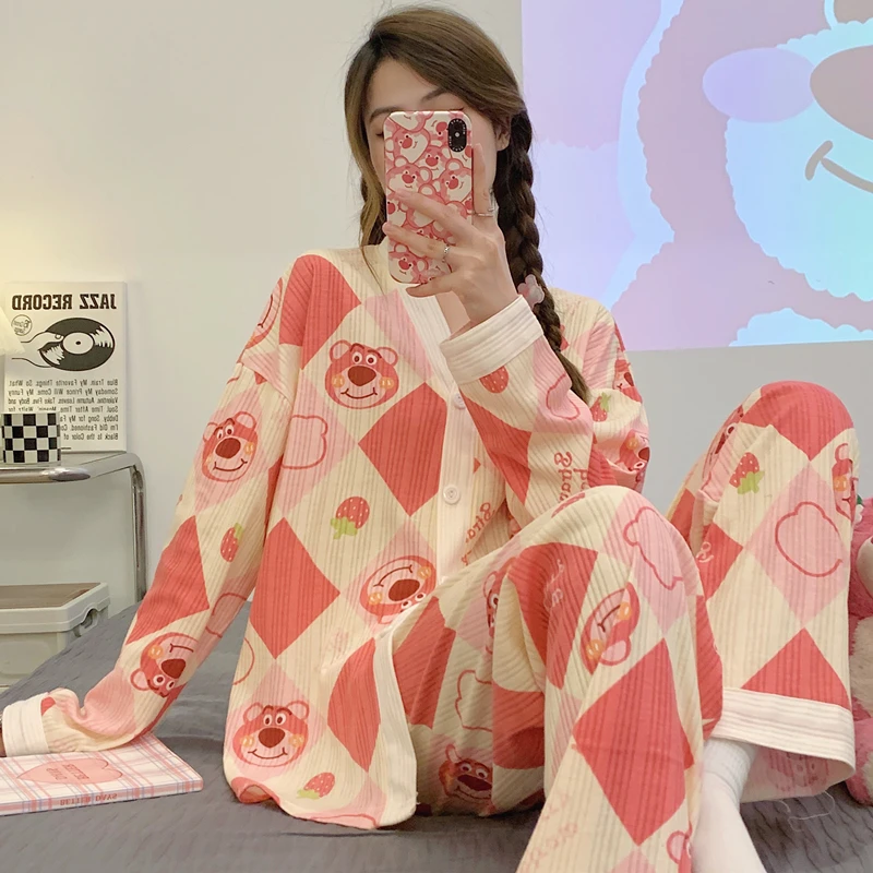 

Women Strawberry Pajamas Set for Autumn and Winter Long Sleeve Trousers Bear Nightwear for Women Thin Homewear Sleepwear Suit