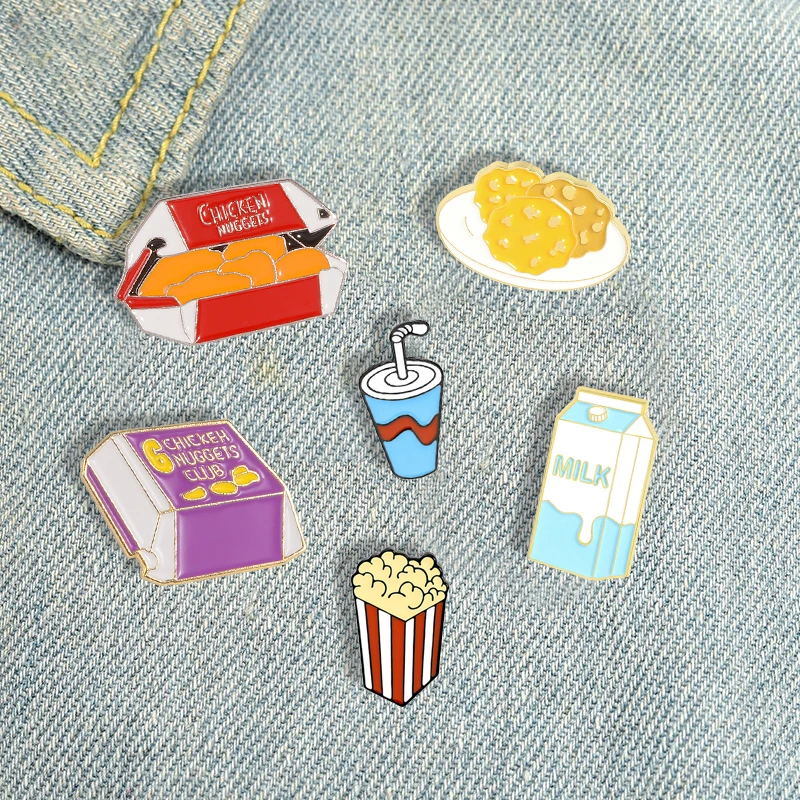 

10 PCS / LOT Fast Food Enamel Pins Custom Cute Chicken Nuggets Coke Biscuits Milk Brooch Lapel Badge Bag Cartoon Jewelry