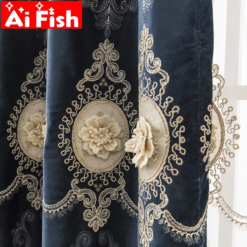 

Blue Europe luxury villa curtains for Bedrooms with high quality Embossed Rope Embroidered Folded Flower Nail Beads Panel #4