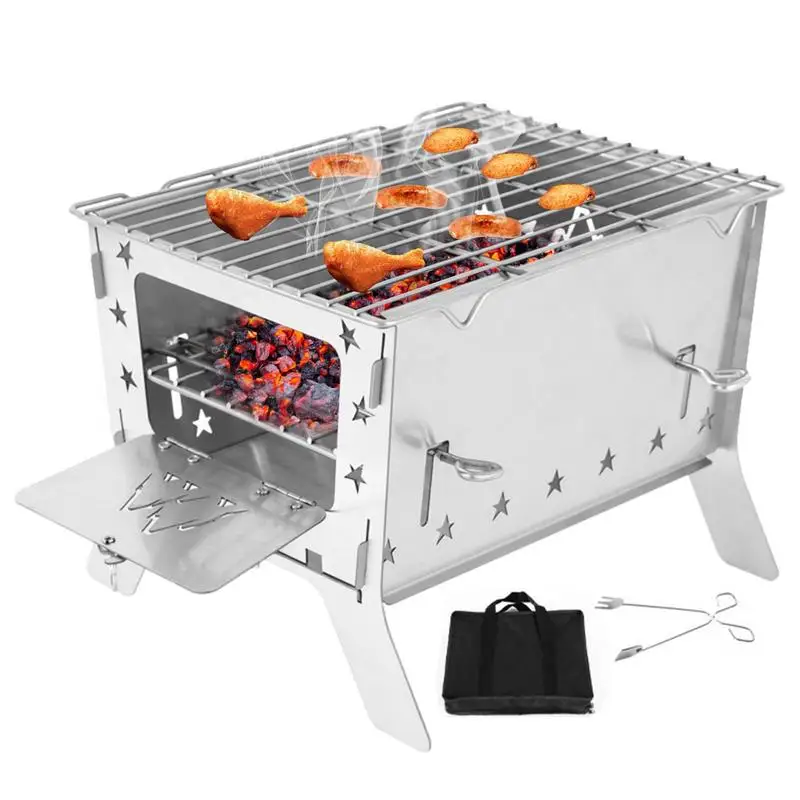 

Camping Fire Pit Collapsible Outdoor BBQ Portable Grills Stainless Steel Wood Burning Outdoor Fireplace 3 In 1 Camping Grill