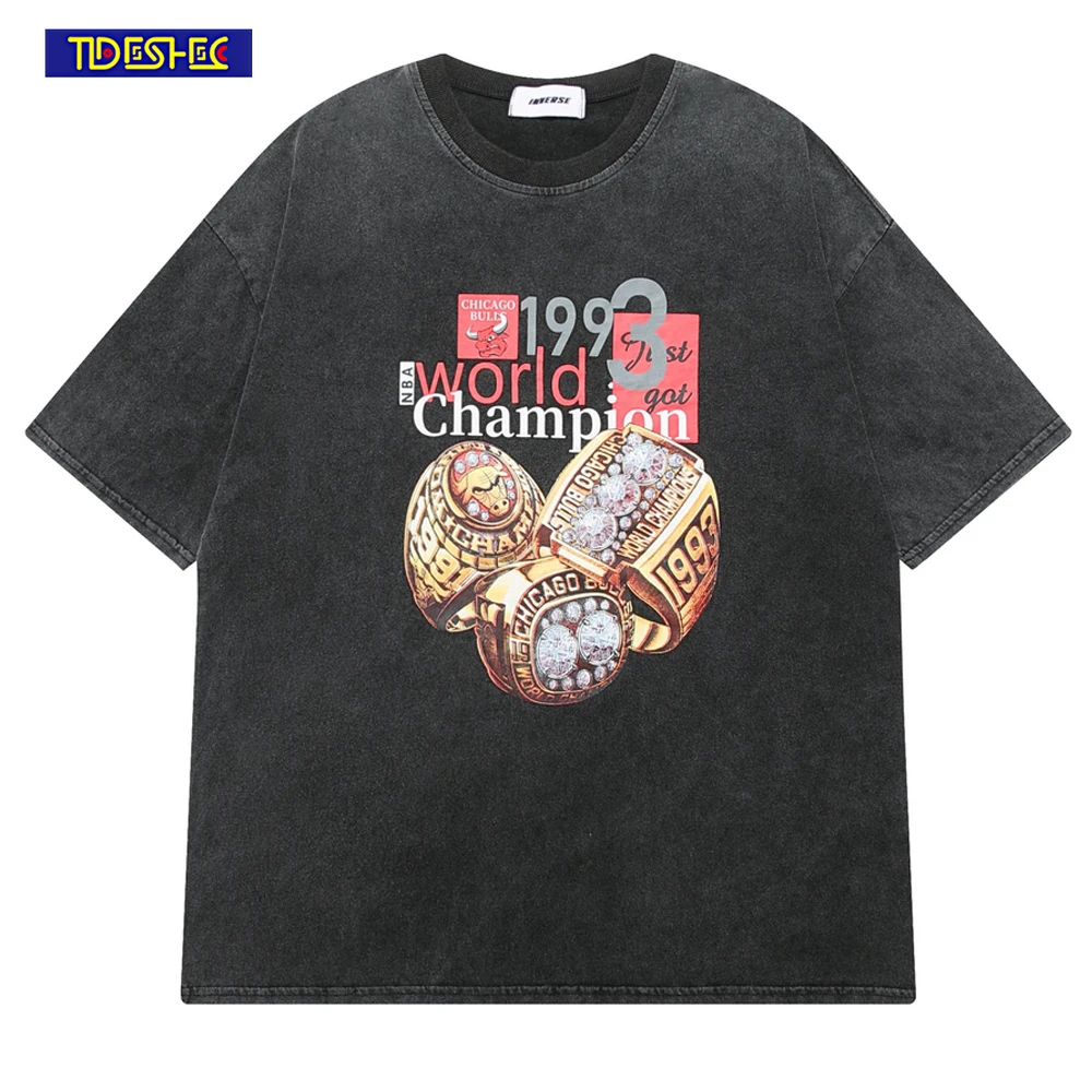 

Summer 340g Cotton Oversize T-shirt Men Cotton Championship Ring Vintage Printed T Shirt Harajuku Streetwear Hip Hop Retro Tees