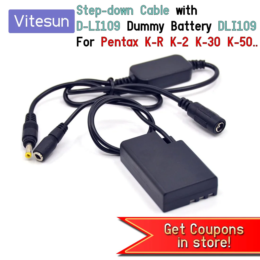 

Vitesun 12V-24V step-down Cable 8V + D-LI109 DLI109 Dummy Battery DC128 DC Coupler for Pentax K-R K-2 K-30 K-50 Cameras