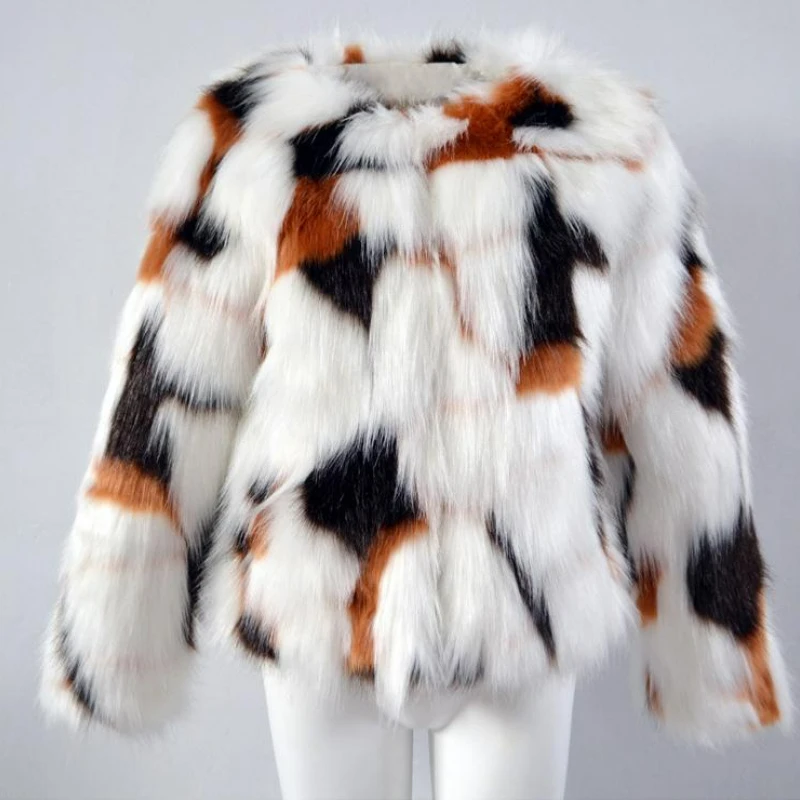 Female Oversized Fake Fur Jackets Short Secion Mixed Color Faux Fur Coats Chaquetas De Cuero Mujer Women'S Sexy Colothes