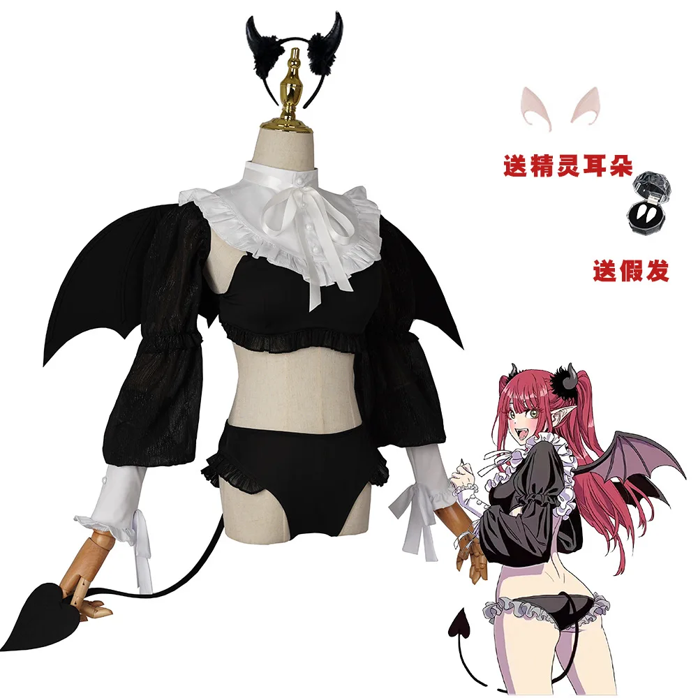 

New Anime My Dress Up Darling Sexy Devil Cosplay Costume Rizu Kyun Japanese Maid Marin Kitagawa Ears Teeth Wings WIg set