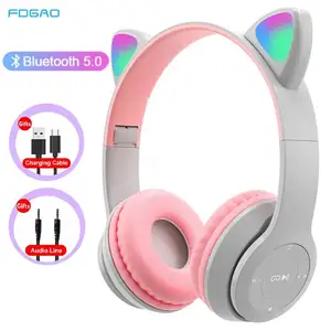 Wireless Headphones Cat Ear with Mic Blue-tooth Glow Light Stereo Bass Helmets Children Gamer Girl Gifts PC Phone Gaming Headset