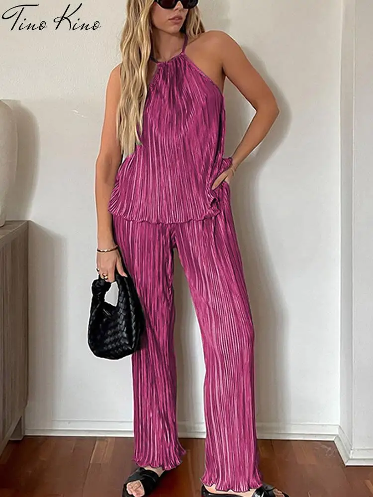 

Женский плиссированный брючный костюм, повседневный комплект из двух предметов, майка с воротником хомутиком и брюки с высокой талией, лето...