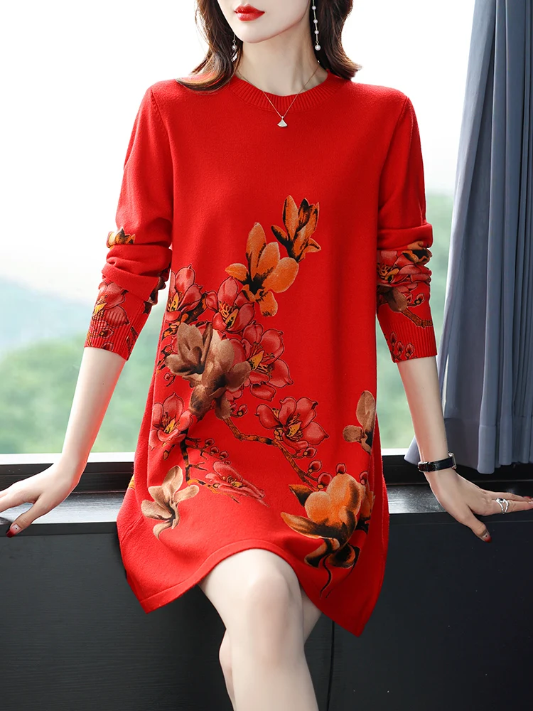 

Платье-Свитер женское с цветочным принтом, Топ с длинным рукавом, эластичный свободный пуловер, весенняя одежда