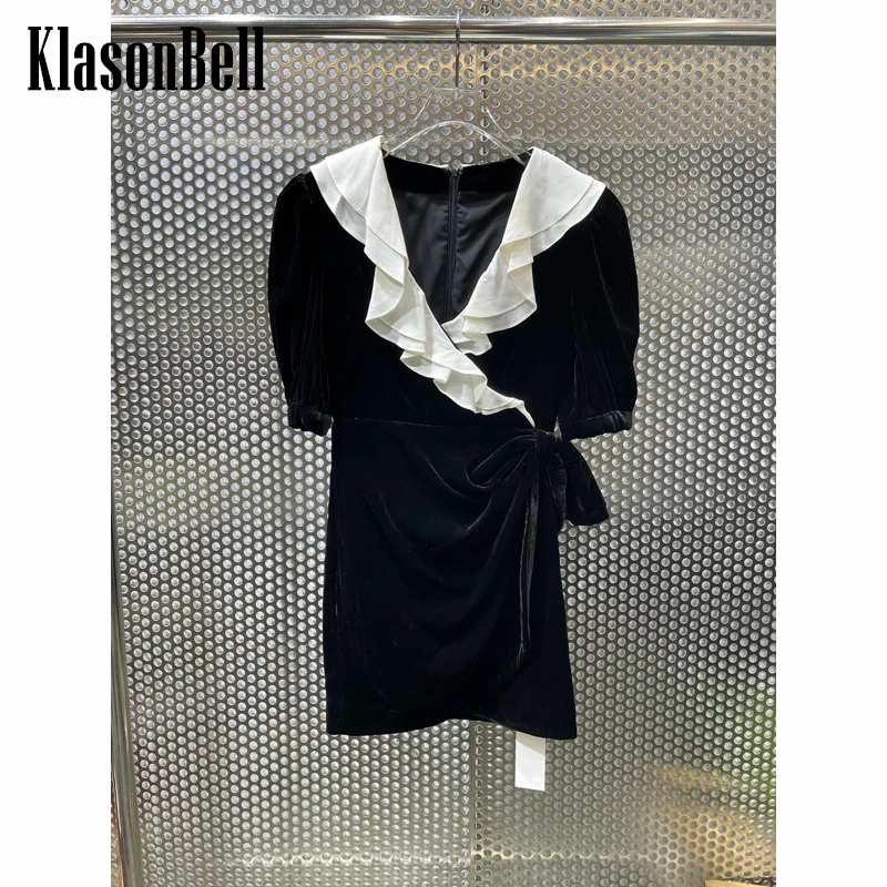 

8.26 KlasonBell Temperament Ruffle V-Neck Contrast Color Wrapped Lace-Up Slim Velvet Mini Dress Women