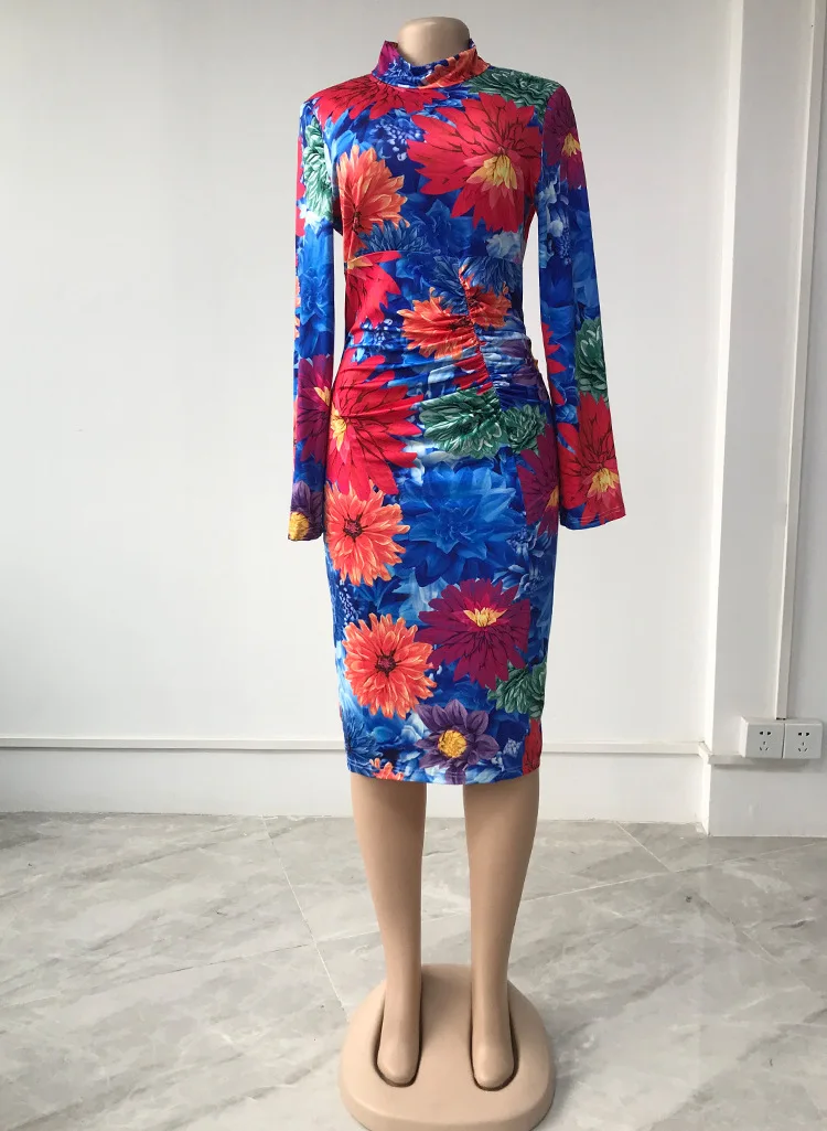 

African Dresses For Women 2022 Muslim Summer New Print Floral Short Clothes Round Neck Lady Skirt Long Sleeve Kanga Clothing