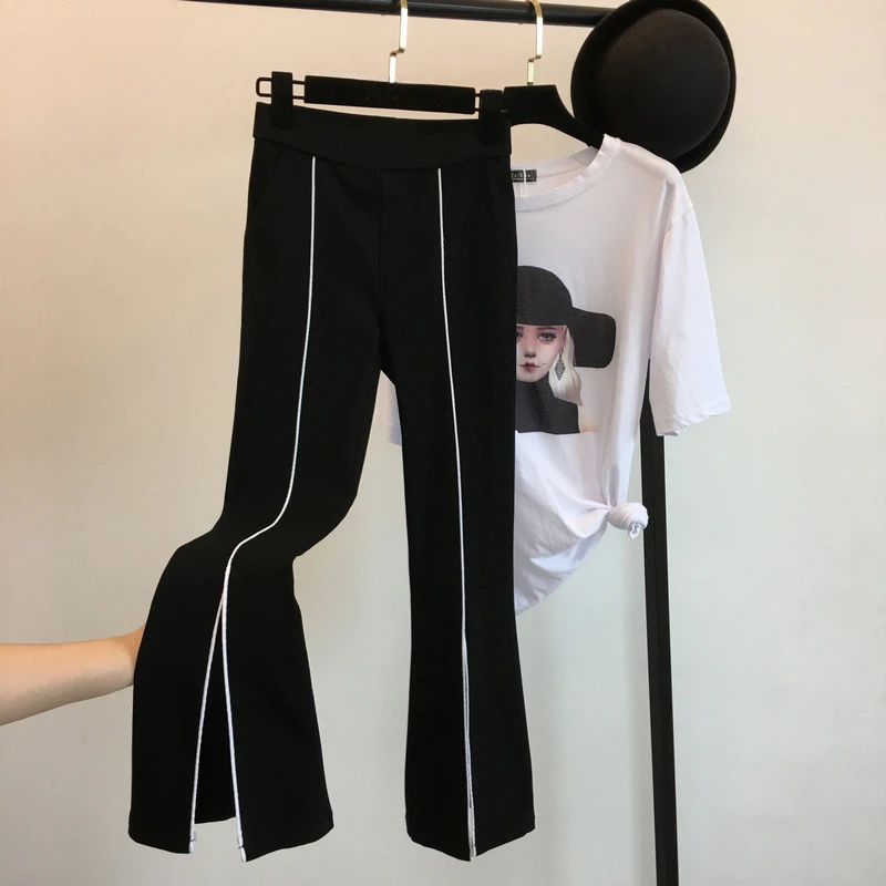 

Spring Summer Pants Women Front-slit Design Korean Style Ankle Length Casual Slim Feminine Popular Flare Trouser All-match Mujer
