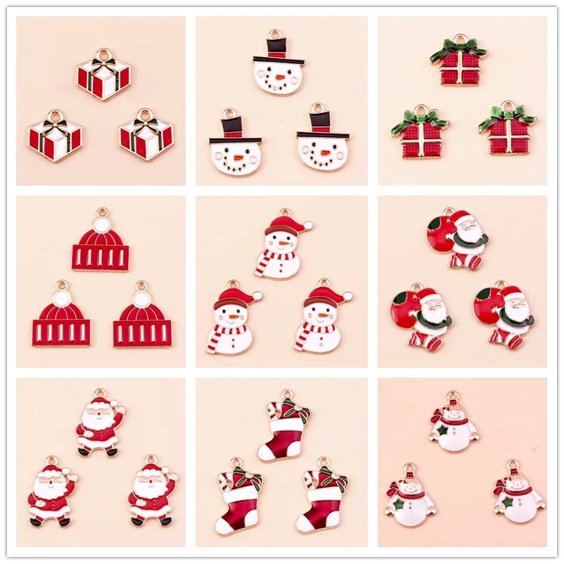 

10pcs Enamel Christmas Lovely Red Hat Present Stocking Snowman Santa Claus Charms Pendants for DIY Jewelry Making Accessories