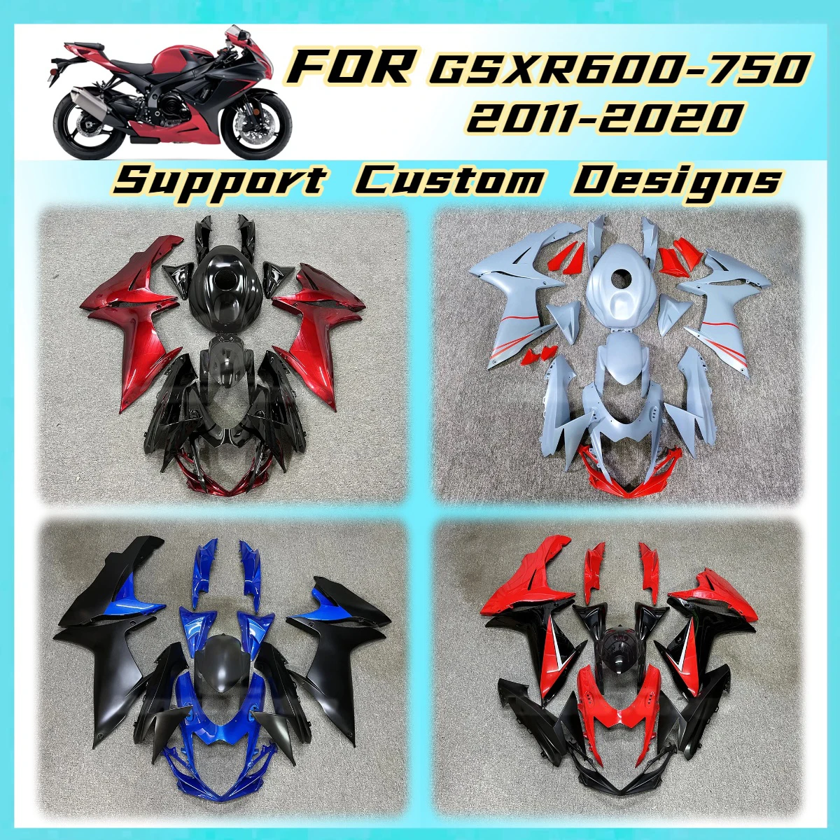 Фото Для Suzuki GSXR600 GSXR750 2011-2020 Комплект обтекателей, индивидуальные цвета, литье под давлением, ABS, кузов для спортивного мотоцикла GSXR 600 750 11-20 №1