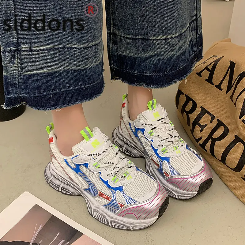 Fashion Breathable Mesh Comfortable Women's Vulcanized Shoes Summer Women's Platform Lace-up Sneakers Running Shoes