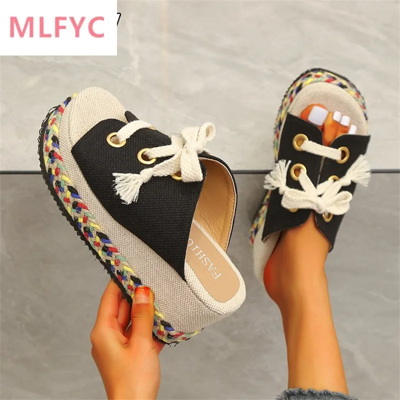 

Thick-soled slippers women's large size straw lace-up high-heeled sandals 2022 summer new wedge heel color-blocking slippers 43