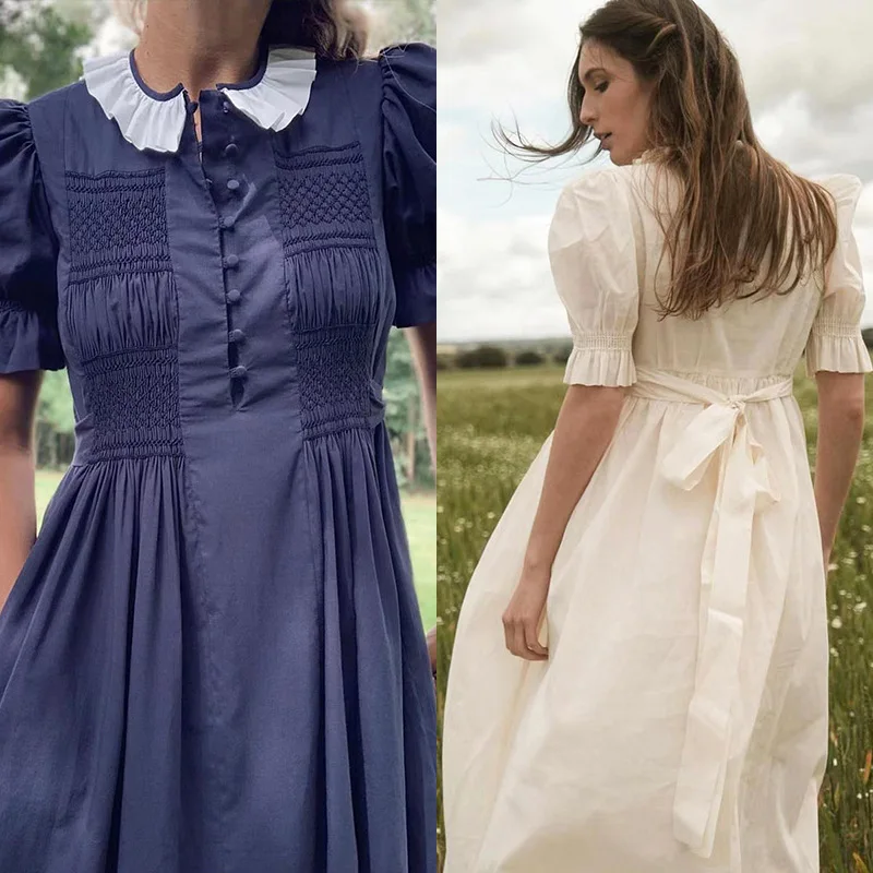 

2023 Summer Dress Round Neck Ruffle Puff Sleeve Tie Short Sleeve Women Dress