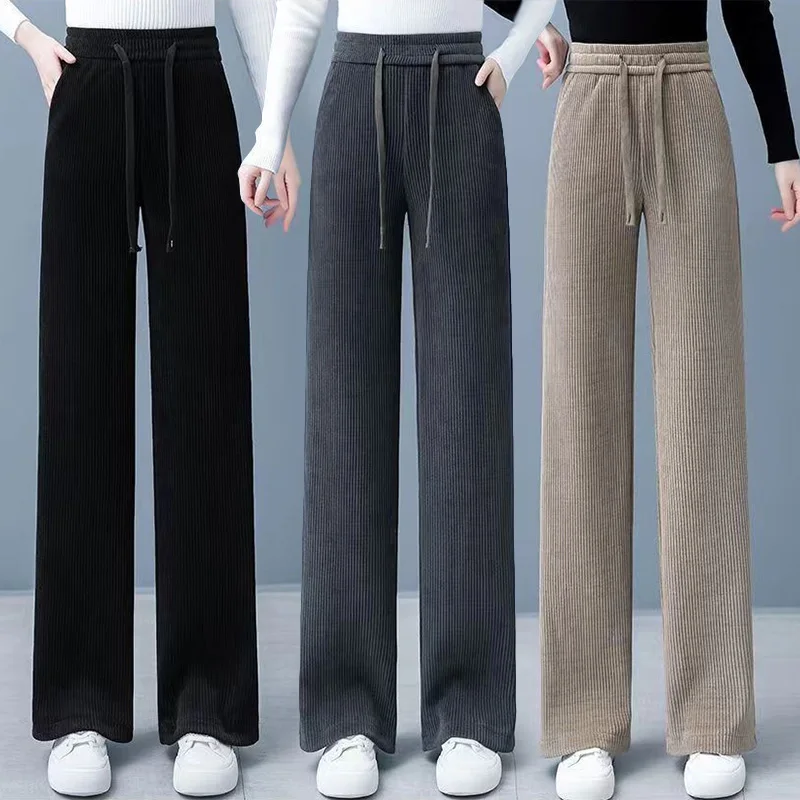 

Winter Fleece Lined Wide Leg Pants Casual Thicken Warm Baggy Sweatpants Stylish Office Lady High Waist Korean Long Pants Trouser
