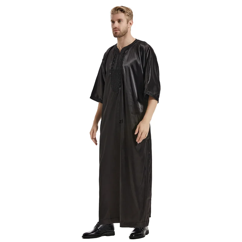 Muslim Men Jubba Thobe Solid Color Kimono Middle Robe Saudi Musulman Shirt Stand Collar Islamic Arabic Kaftan Men Abaya