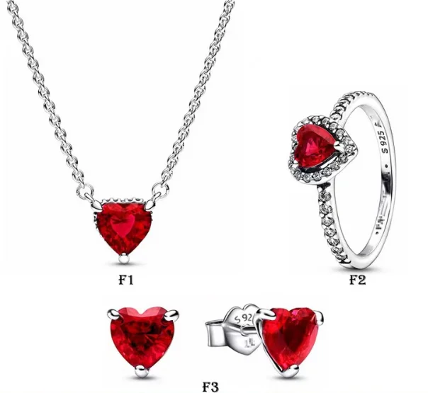 

Valentine's Day Gift Red Heart Stud Earring Ring Sparkling Heart Halo Pendant Collier Necklace Elevated 925Sterling Silver Charm