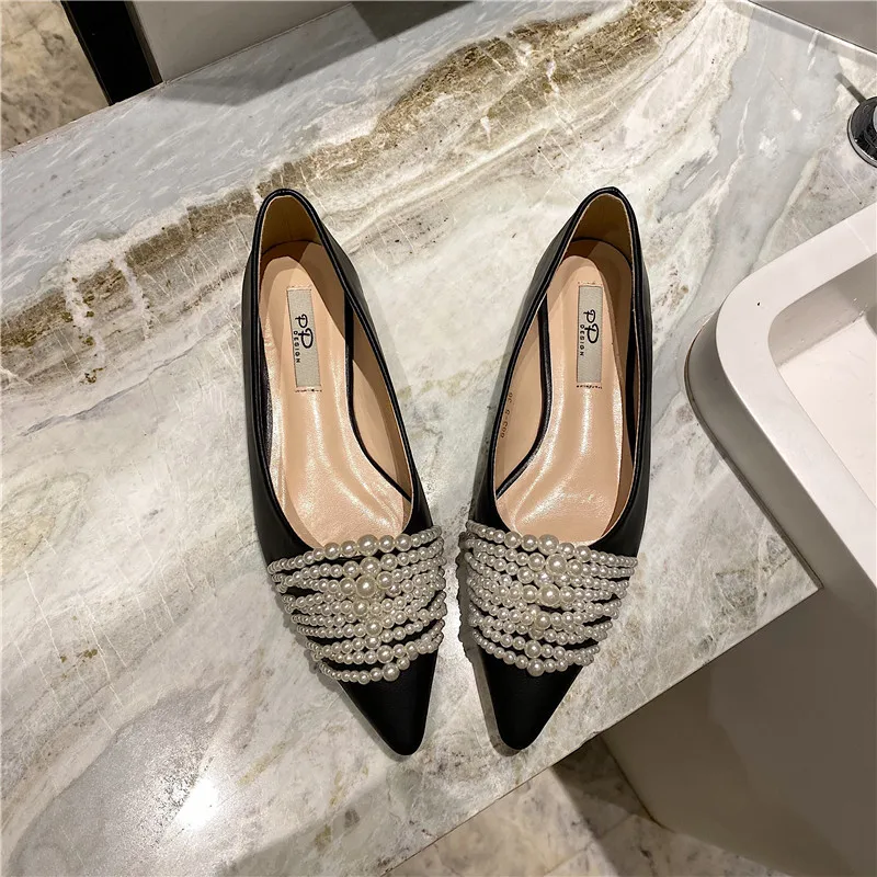 

Elegant String Bead Ballerina Women Shoes Sneakers Shallow Slip on Loafers Woman Flats Sweet Pointed Toe Pearl Moccasins