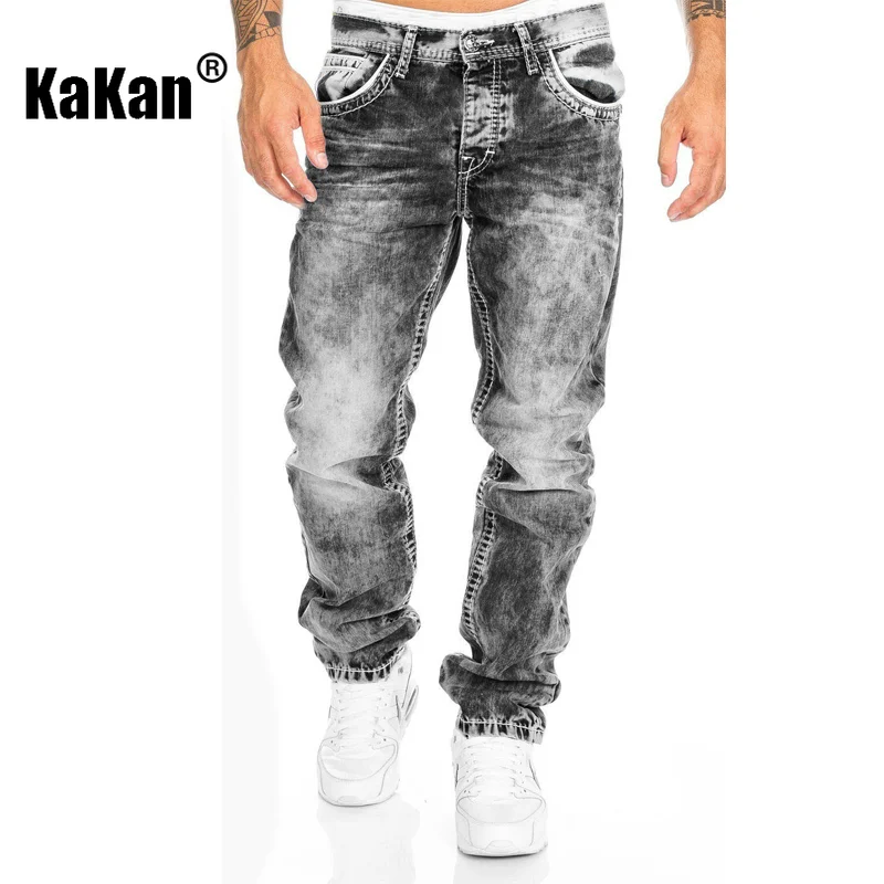 Kakan - European and American New Snowflake Personalized Jeans for Men, Trendy Casual Straight Length Jeans K49-2613