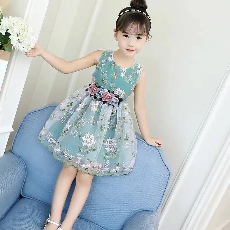 

Dress Girl Summer 2022 New Teenage Girls Clothing Princess Birthday Party Sleeveless Floral Tight Waist Mesh Embroidery Dress