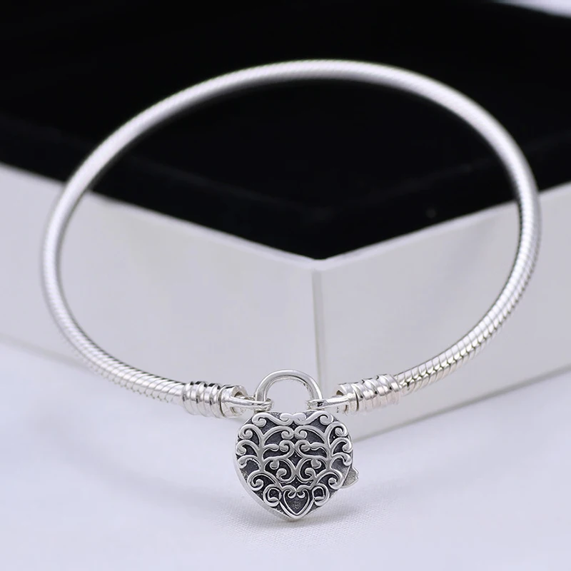 

Real 925 Sterling Silver Noble Heart Lace Love Padlock Snake Bone Bracelet Fit European Charm Bracelets Women Jewelry