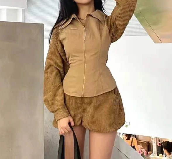 2022 Sweet Lantern Sleeve Suit Top Adjustable Design Showing Hips Ultra-thin Corduroy Shorts two piece sets womens outifits
