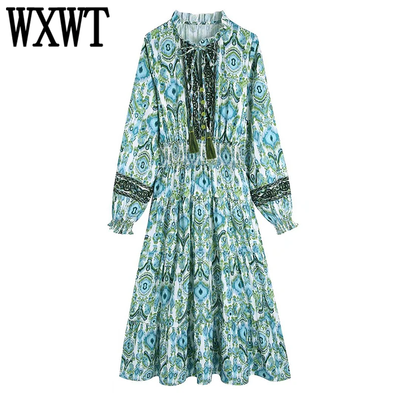 

WXWT женское лоскутное платье с вышивкой и декоративным принтом, V-образным вырезом и длинным рукавом, Женские французские винтажные Макси-пл...