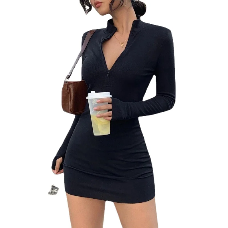 

Осенне-зимнее эластичное тонкое мягкое трикотажное платье-водолазка в рубчик женское модное однотонное черное повседневное облегающее платье на молнии